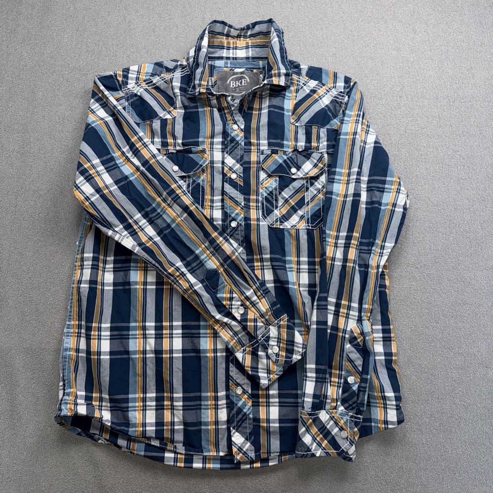 BKE Shirt L Athletic Fit Blue Plaid Pearl Snap Western Yoke Cowboy Riding Ranch